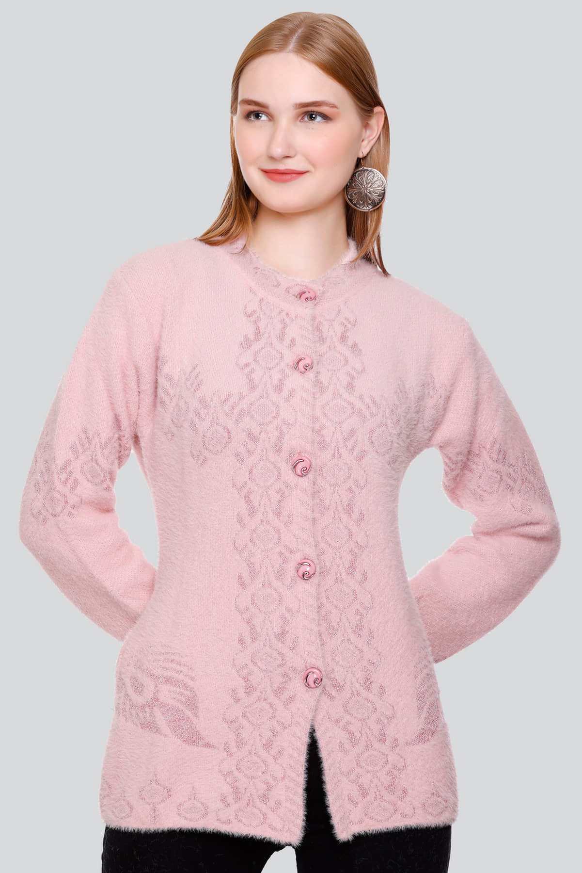 Curious Fashion Woollen Round Neck Women's Buttoned Cardigans - Pink (Pack of 1)
