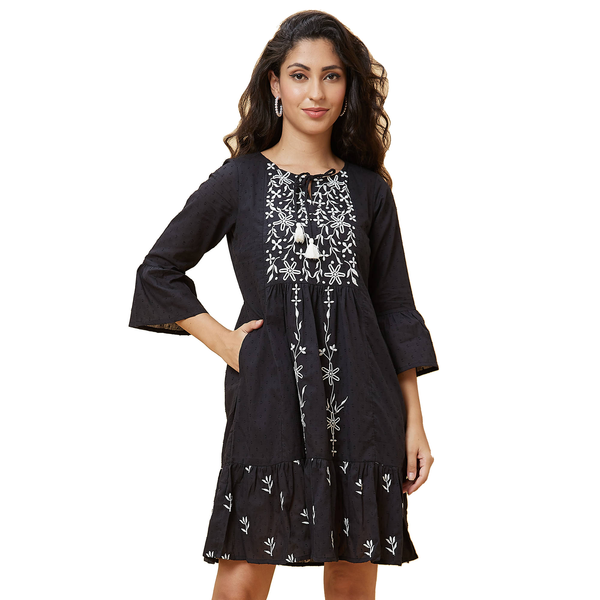 Globus Cotton Printed Above Knee Women's A-line Dress - Black ( Pack of 1 )     			Globus Cotton Printed Above Knee Women's A-line Dress - Black ( Pack of 1 )