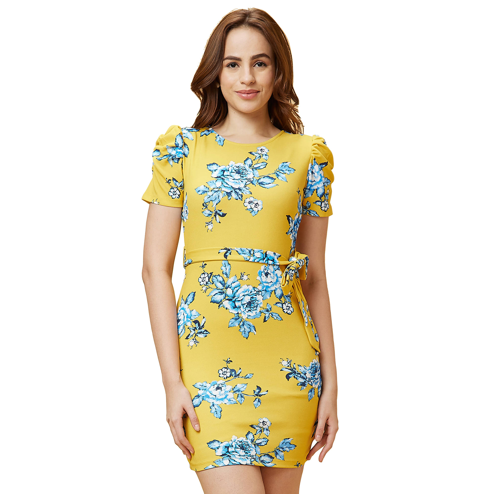    			Globus Polyester Printed Mini Women's Bodycon Dress - Yellow ( Pack of 1 )