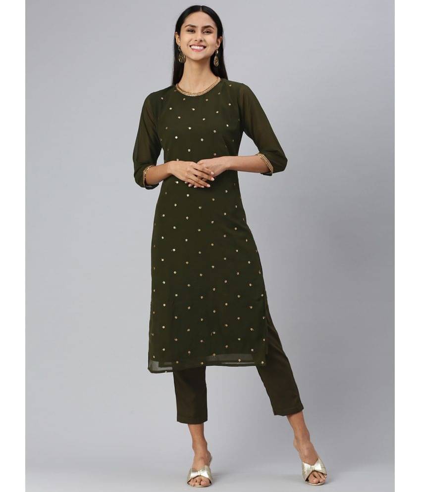 Hritika Georgette Embellished Kurti With Pants Women's Stitched Salwar Suit - Olive ( Pack of 1 ) Hritika Georgette Embellished Kurti With Pants Women's Stitched Salwar Suit - Olive ( Pack of 1 )