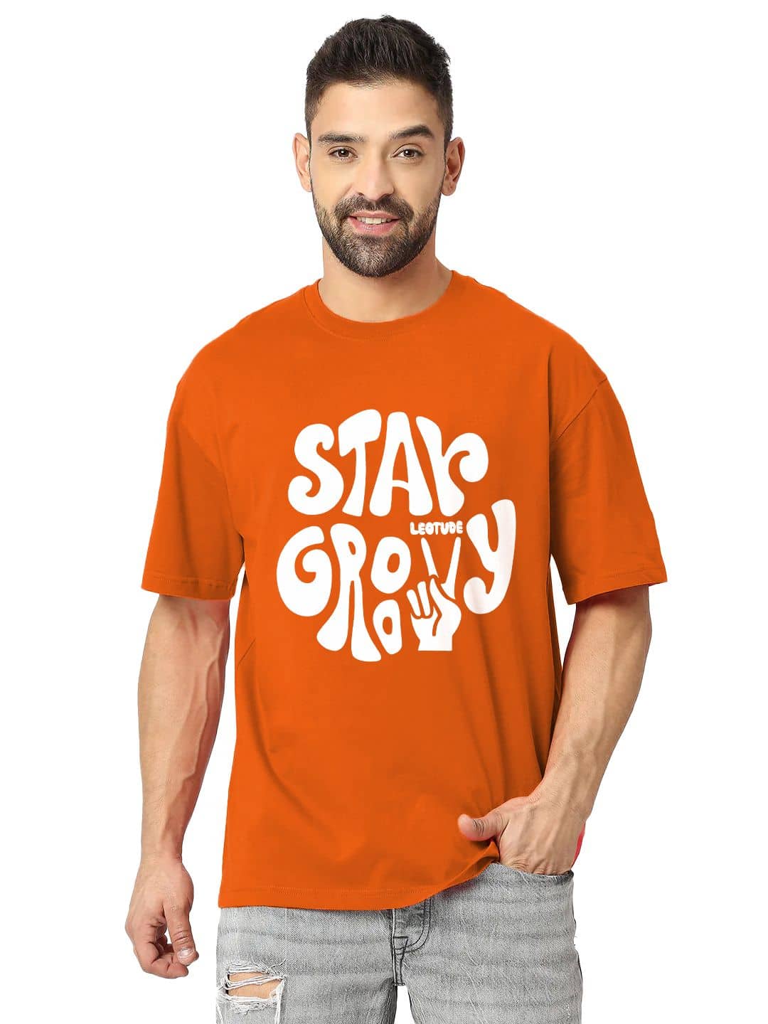 Leotude Pack of 1 Cotton Blend Oversized Fit Men's T-Shirt ( Orange )