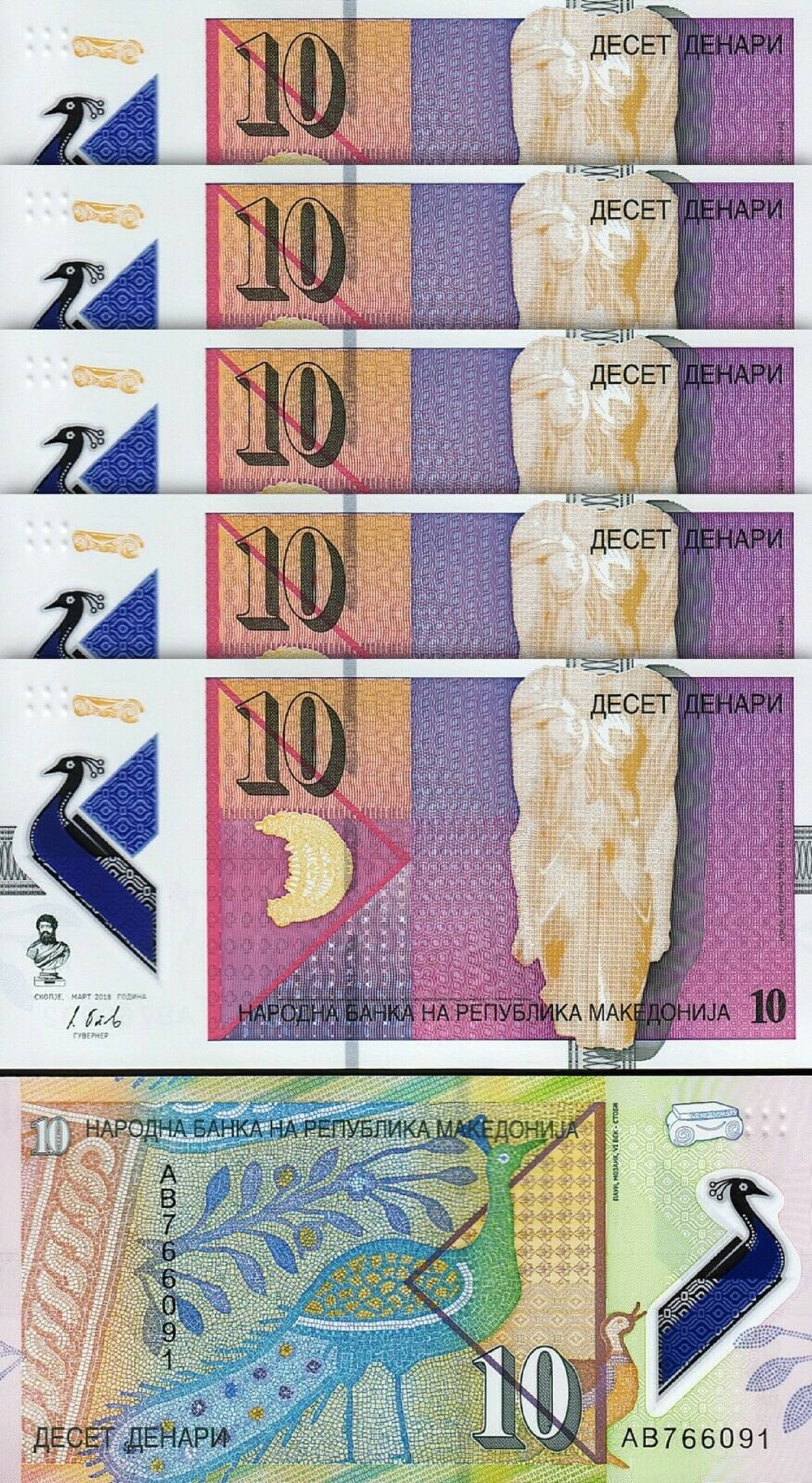 Macedonia 10 Denari Polymer Consecutive Serial 5 Notes in Top Grade Gem UNC Macedonia 10 Denari Polymer Consecutive Serial 5 Notes in Top Grade Gem UNC