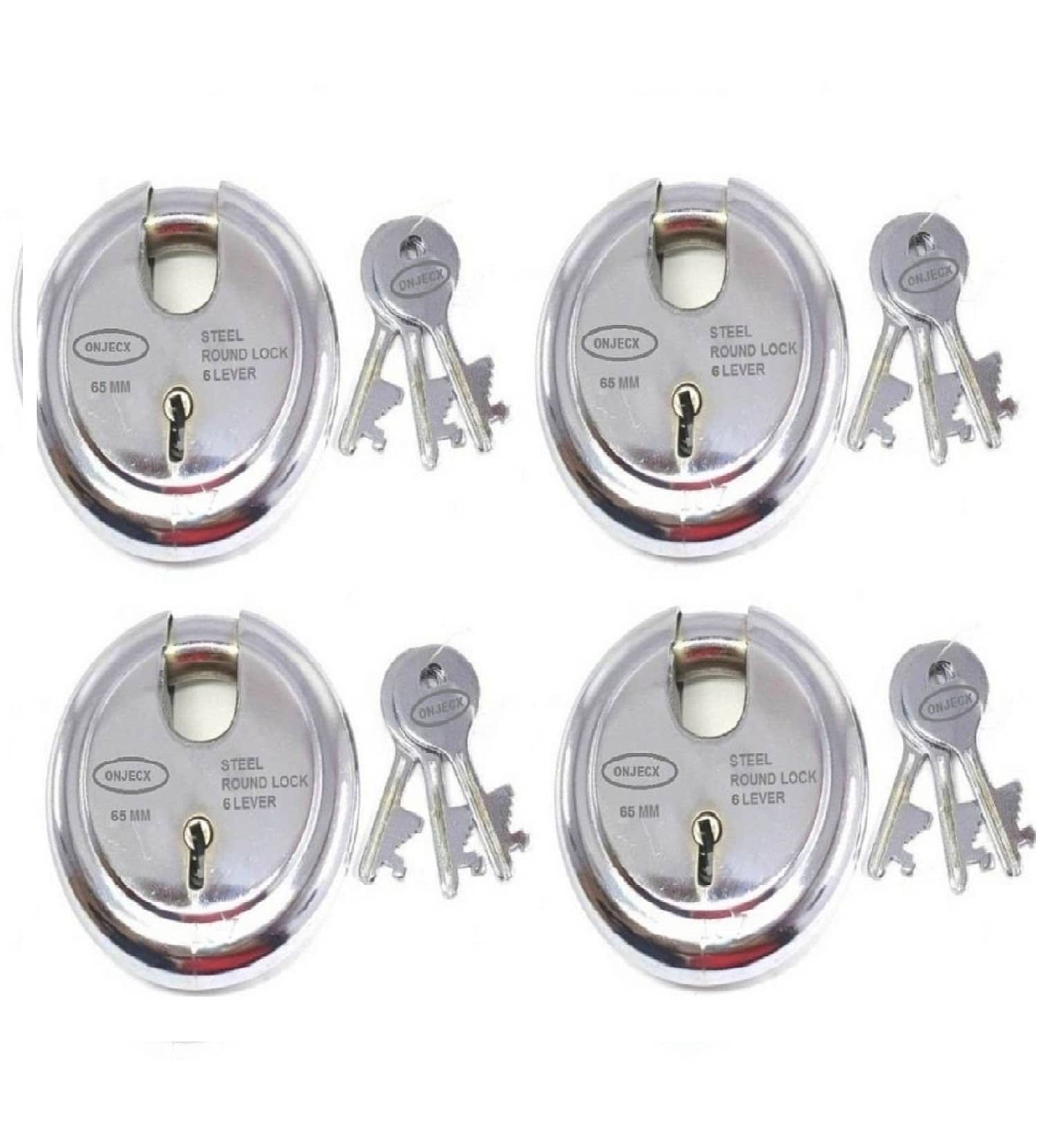 OJASS Steel High Quality Primium Range Lock 6 Levers 65 mm Heavy Duty Padlock , Sutter Lock, Round Lock Long Life Durable with 3 Keys for Main Gate, Office Door, Shop Shutter, Pack of 4 pcs (RPLN65)