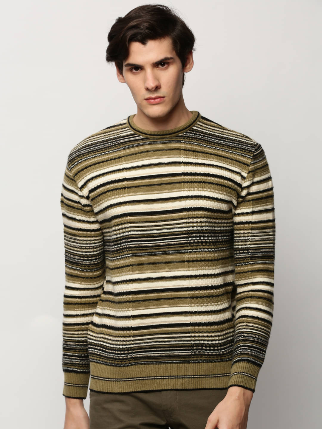     			Showoff Acrylic Round Neck Men's Full Sleeves Pullover Sweater - Olive ( Pack of 1 )
