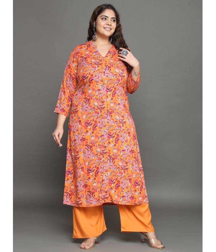     			Tissu Rayon Printed Kurti With Palazzo Women's Stitched Salwar Suit - Orange ( Pack of 1 )