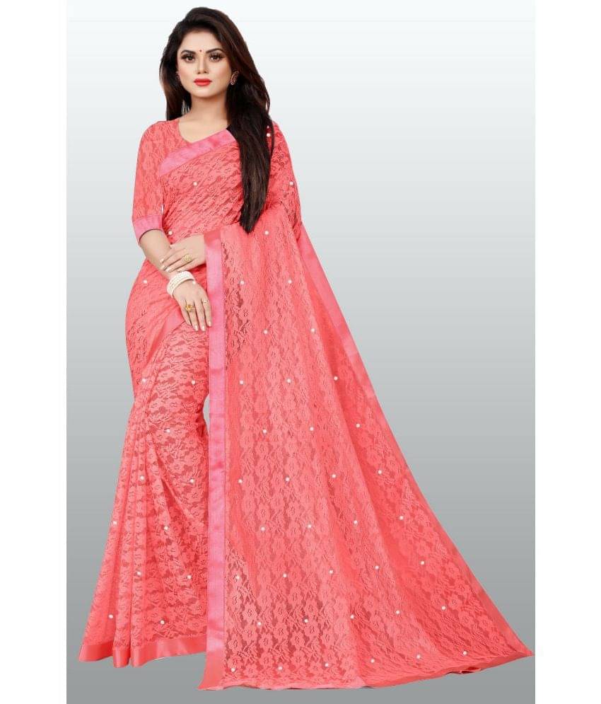 VANRAJ CREATION Net Self Design Saree With Unstitched Blouse Piece ( Coral ) VANRAJ CREATION Net Self Design Saree With Unstitched Blouse Piece ( Coral )