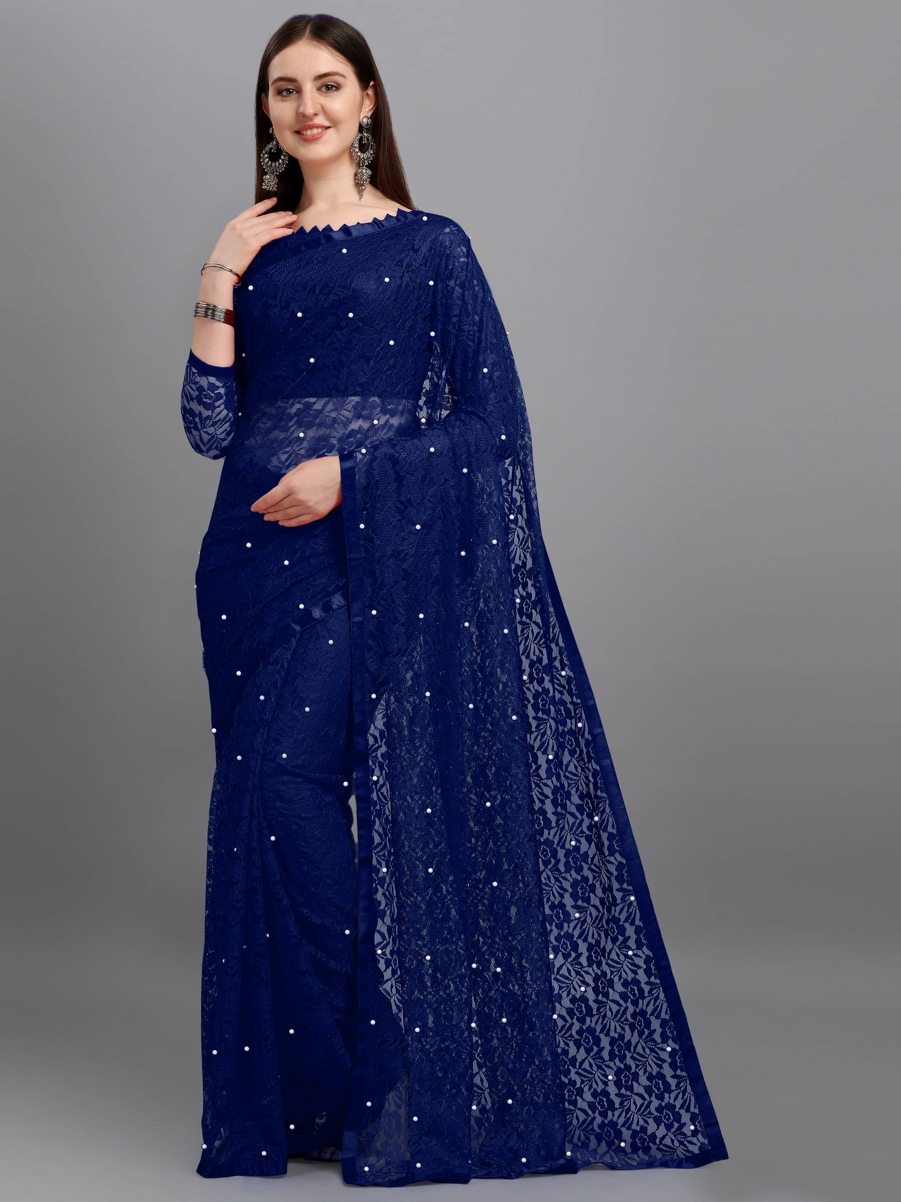 VANRAJ CREATION Net Self Design Saree With Unstitched Blouse Piece ( Navy Blue ) VANRAJ CREATION Net Self Design Saree With Unstitched Blouse Piece ( Navy Blue )