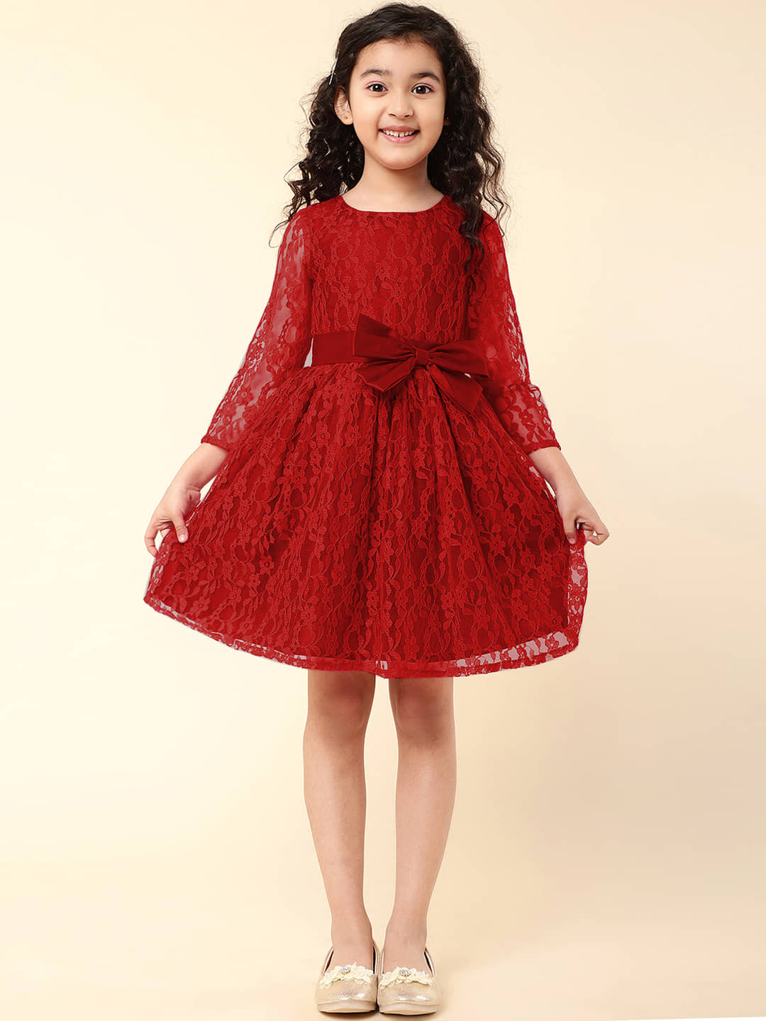 A.T.U.N. Nylon Fit And Flare Dress For Girls ( Pack of 1 , Maroon )