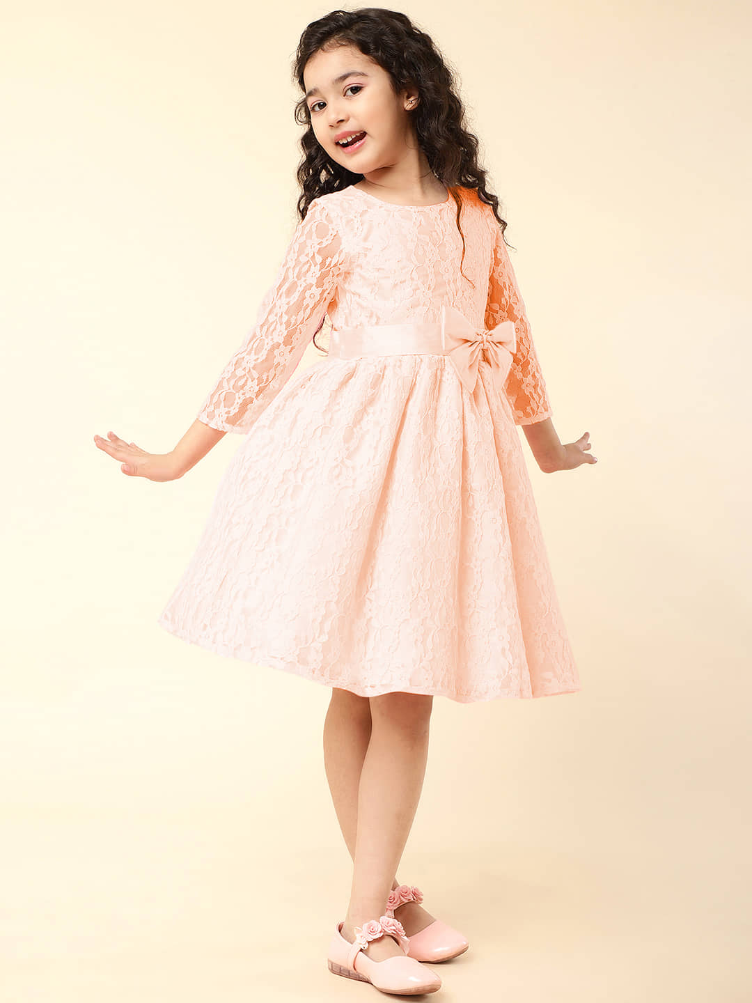 A.T.U.N. - Peach Nylon Girls Fit And Flare Dress ( Pack of 1 )