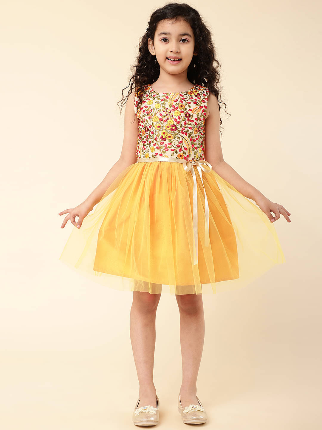     			A.T.U.N. Net Fit And Flare Dress For Girls ( Pack of 1 , Yellow )