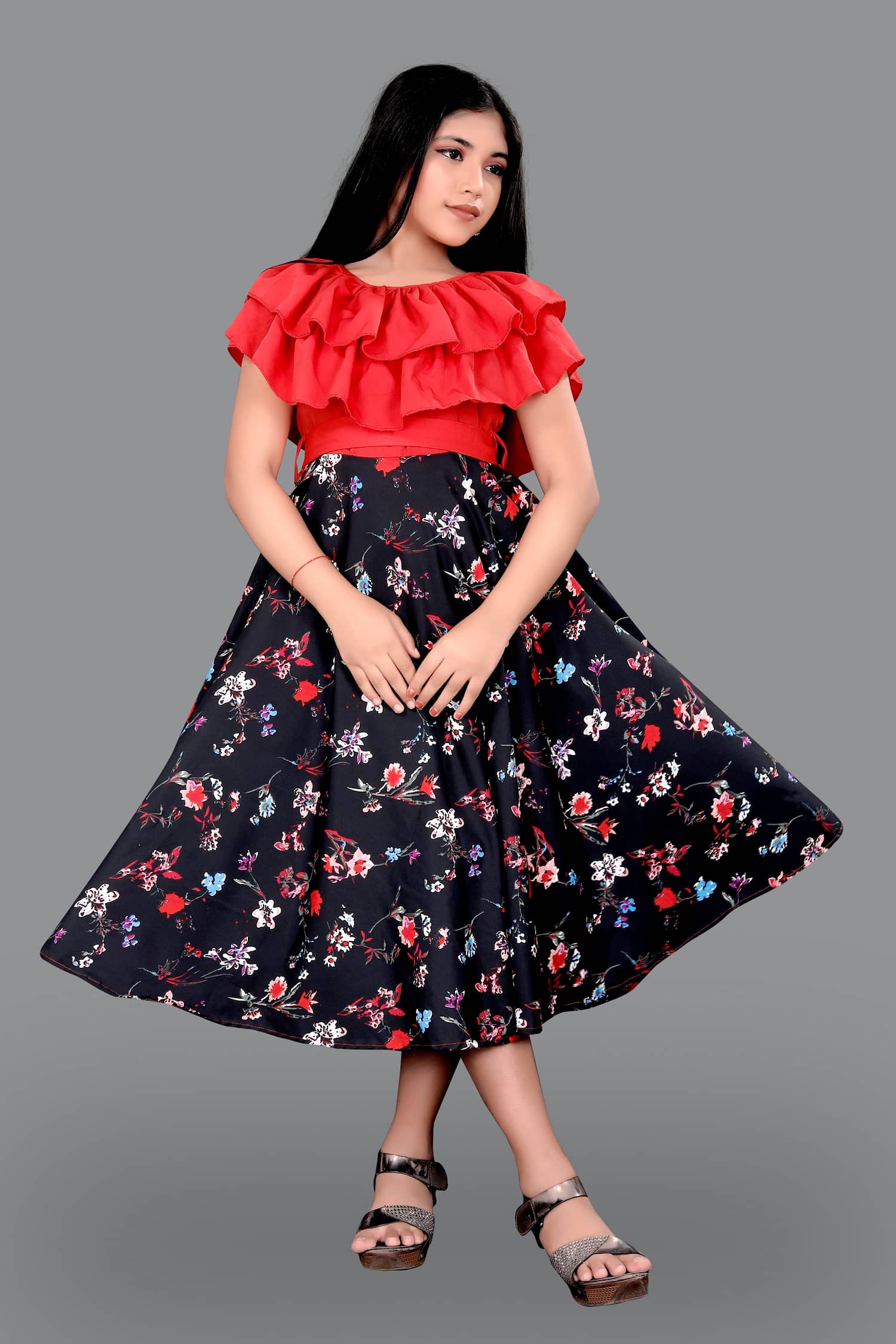 Aarya Creation Crepe Fit And Flare Dress For Girls ( Pack of 1 , Pink )