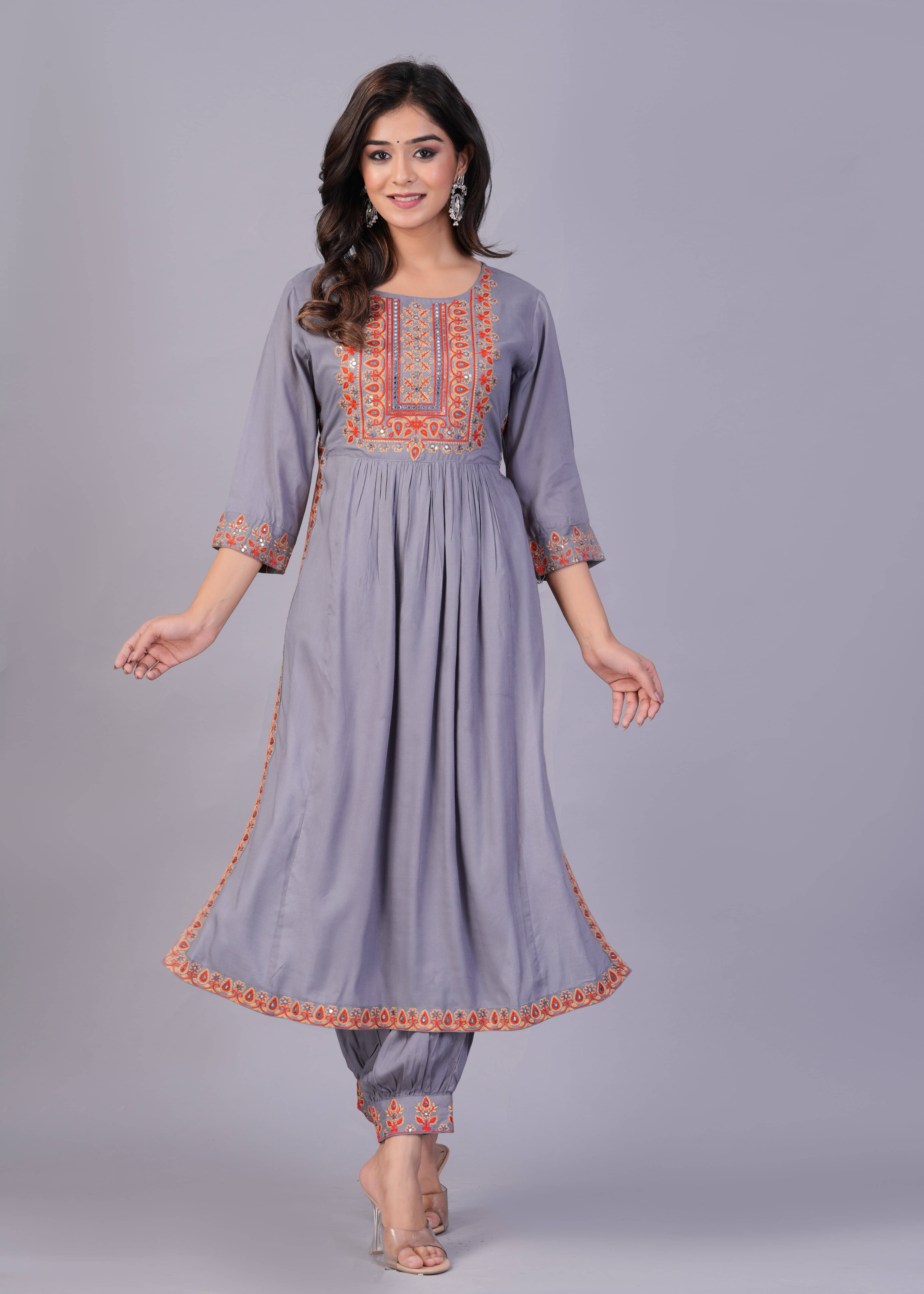 Doriya Rayon Embroidered Kurti With Salwar Women's Stitched Salwar Suit - Grey ( Pack of 1 )     			Doriya Rayon Embroidered Kurti With Salwar Women's Stitched Salwar Suit - Grey ( Pack of 1 )