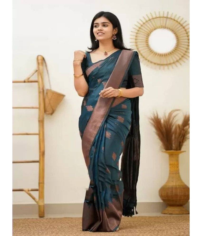     			JULEE Jacquard Embroidered Saree With Unstitched Blouse Piece ( Teal )