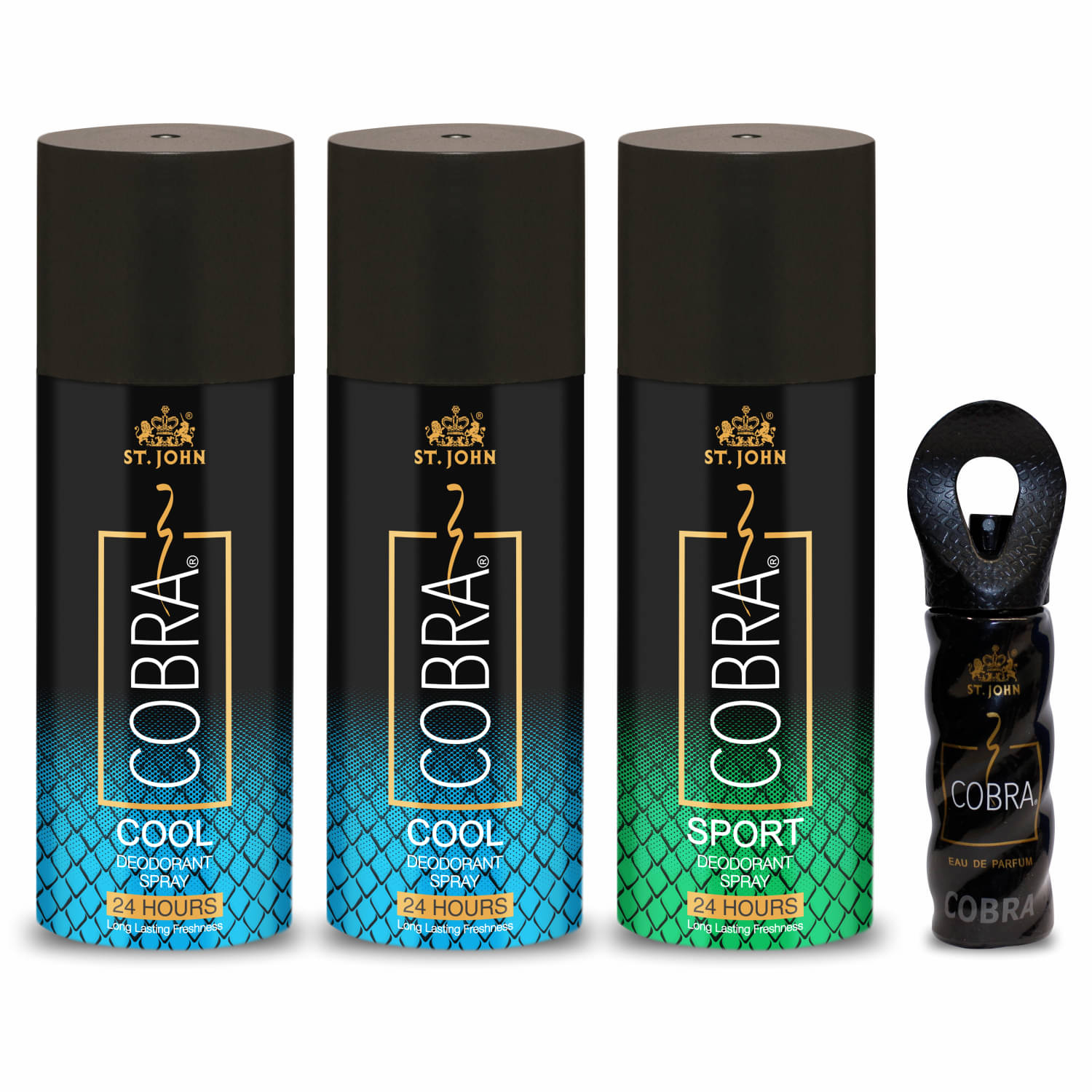     			ST.JOHN Cobra Cool 150ml*2,Sport 150ml & 15ml Deodorant Spray & Perfume for Men (465ml) Pack of 4