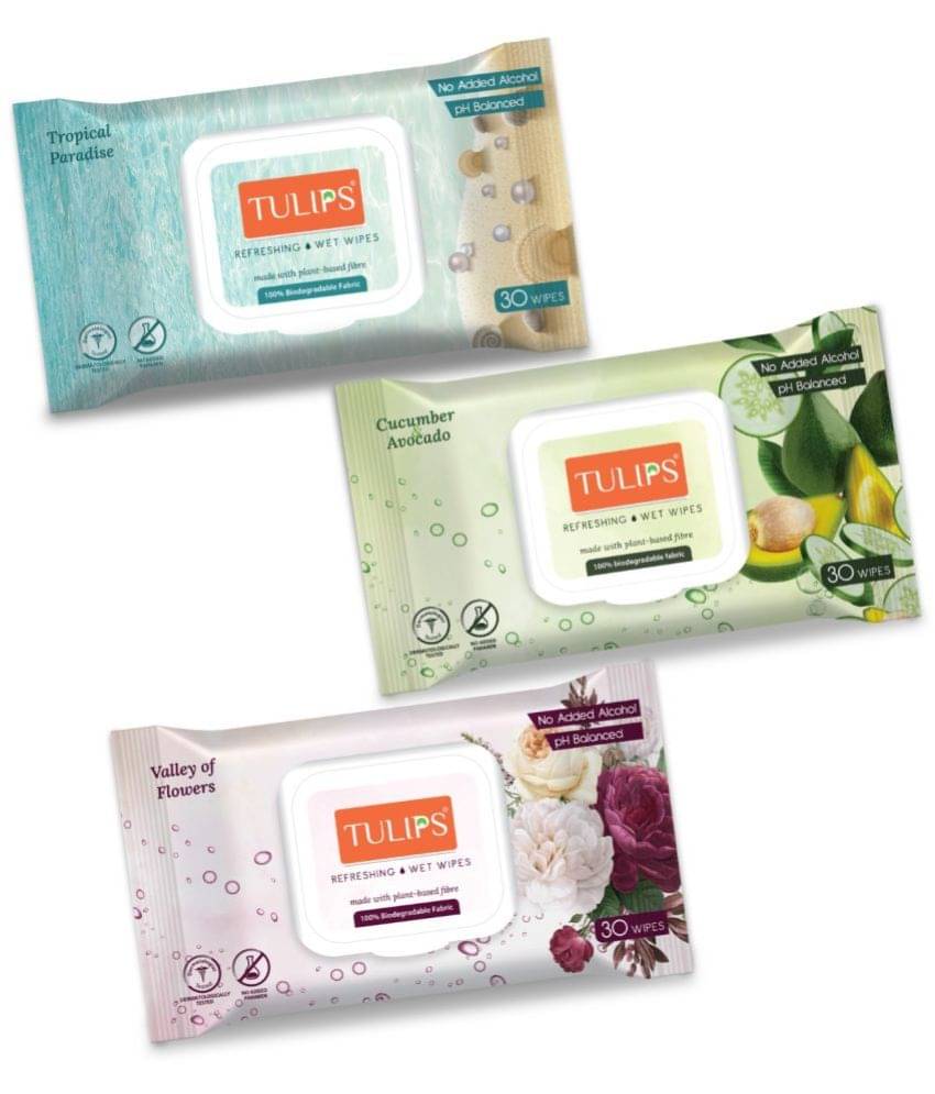 Tulips Refreshing Wipes Lid Pack TVC (Pack of 3), 30 Wipes Each Makeup Remover Wipes 487 g Tulips Refreshing Wipes Lid Pack TVC (Pack of 3), 30 Wipes Each Makeup Remover Wipes 487 g