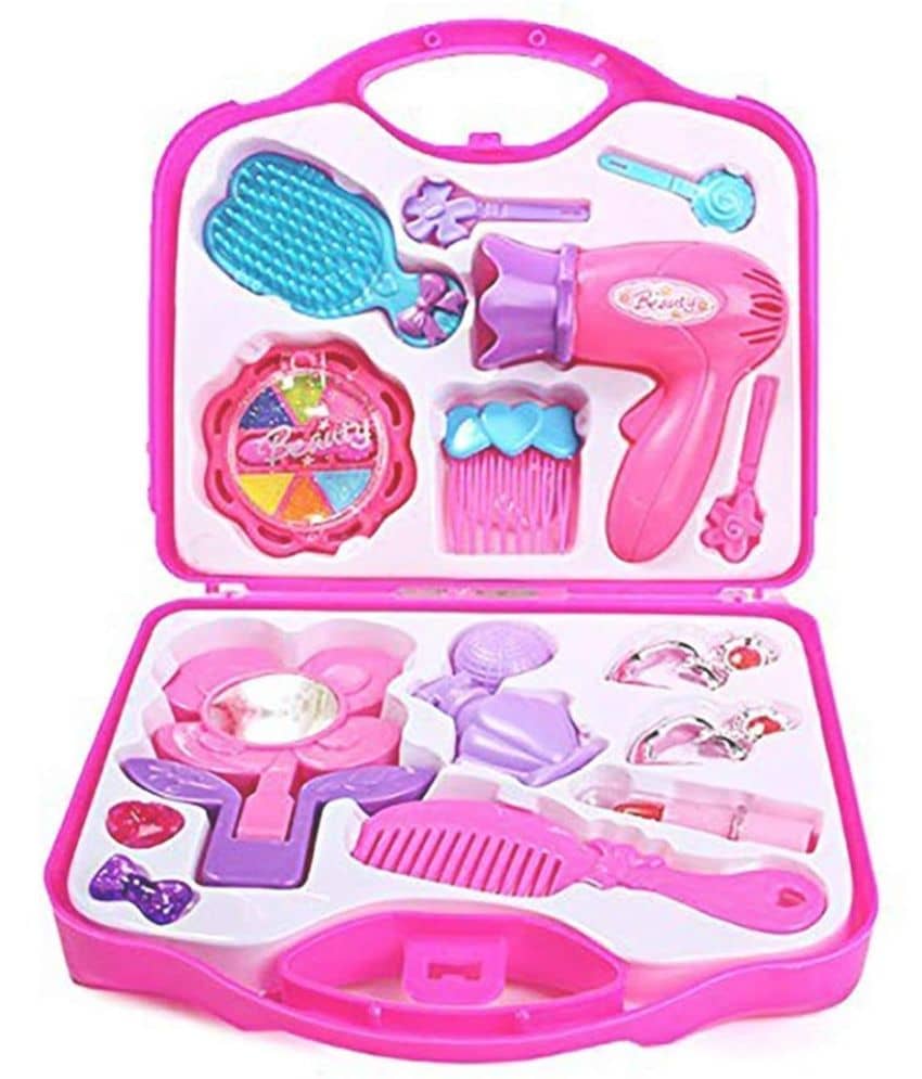 Fratelli Pretend Play Beauty Play Set with Foldable Suitcase, Compact Beauty Accessories Pretend Play | Game Toy Kit for 3 + Year Girls (Open Beauty Set Economy-Pink)