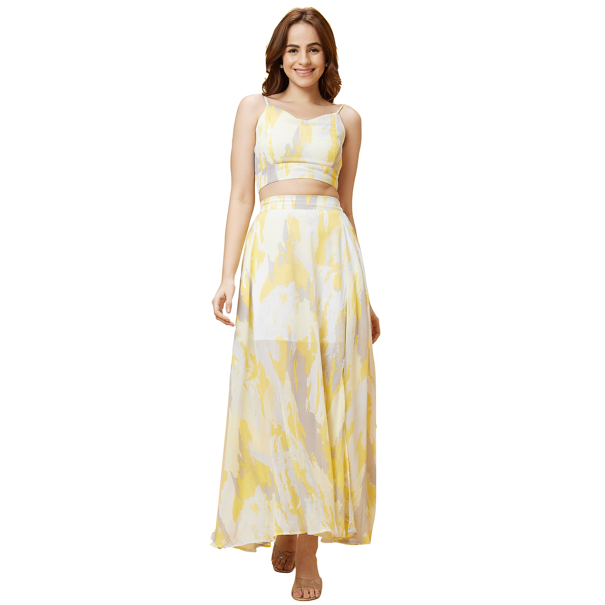 Globus Women Printed Top With Skirt Co-Ord Set ( Yellow )