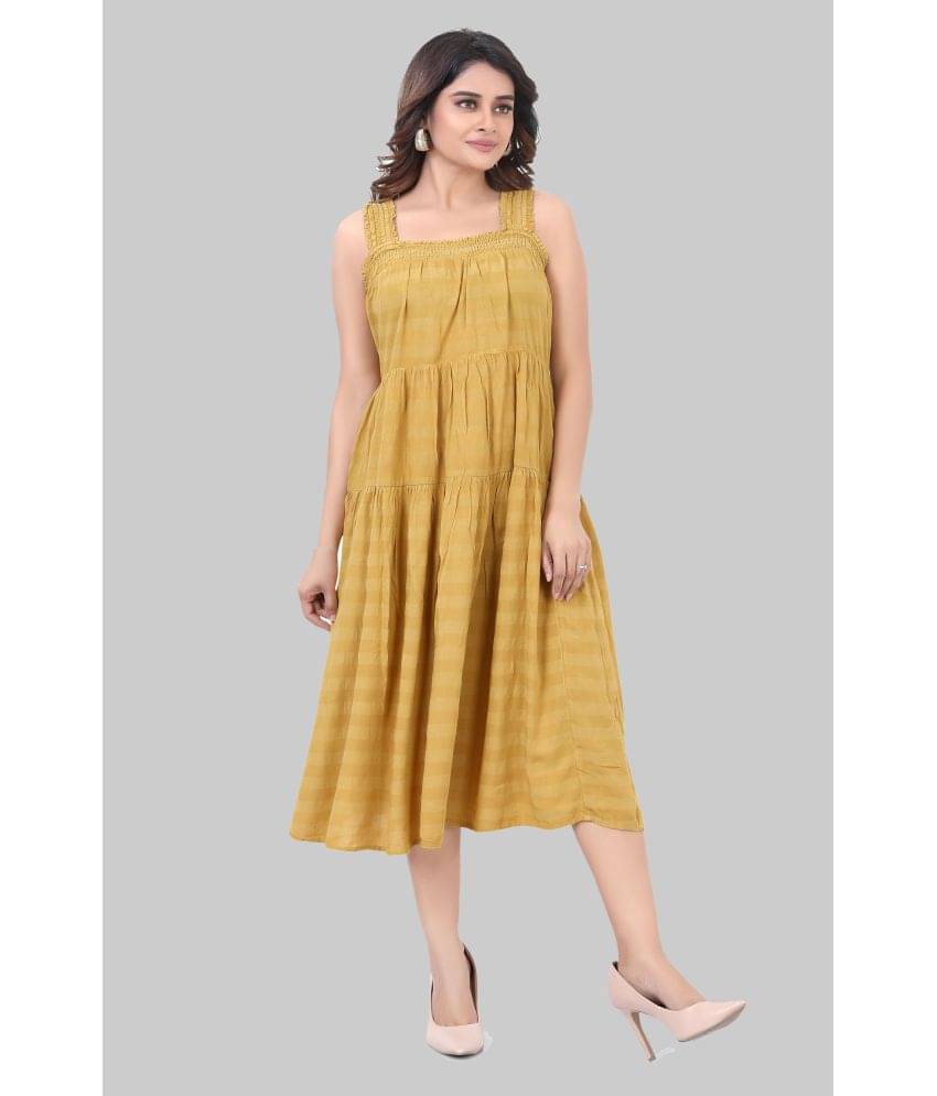     			JVNINE Rayon Striped Midi Women's Fit & Flare Dress - Gold ( Pack of 1 )