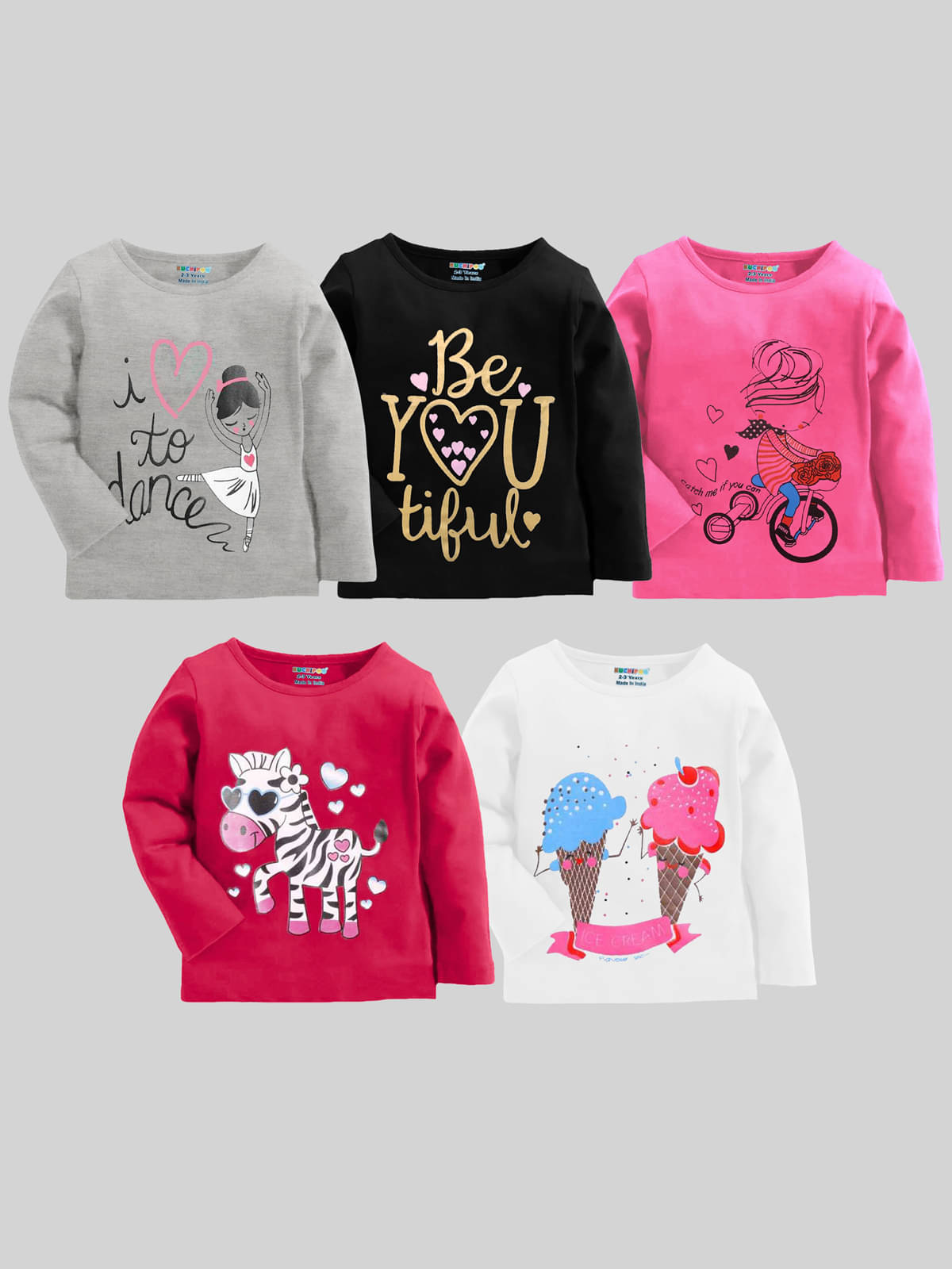     			Kuchipoo Pack of 5 Girls Cotton Blend T-Shirt ( Multicolor 1 )