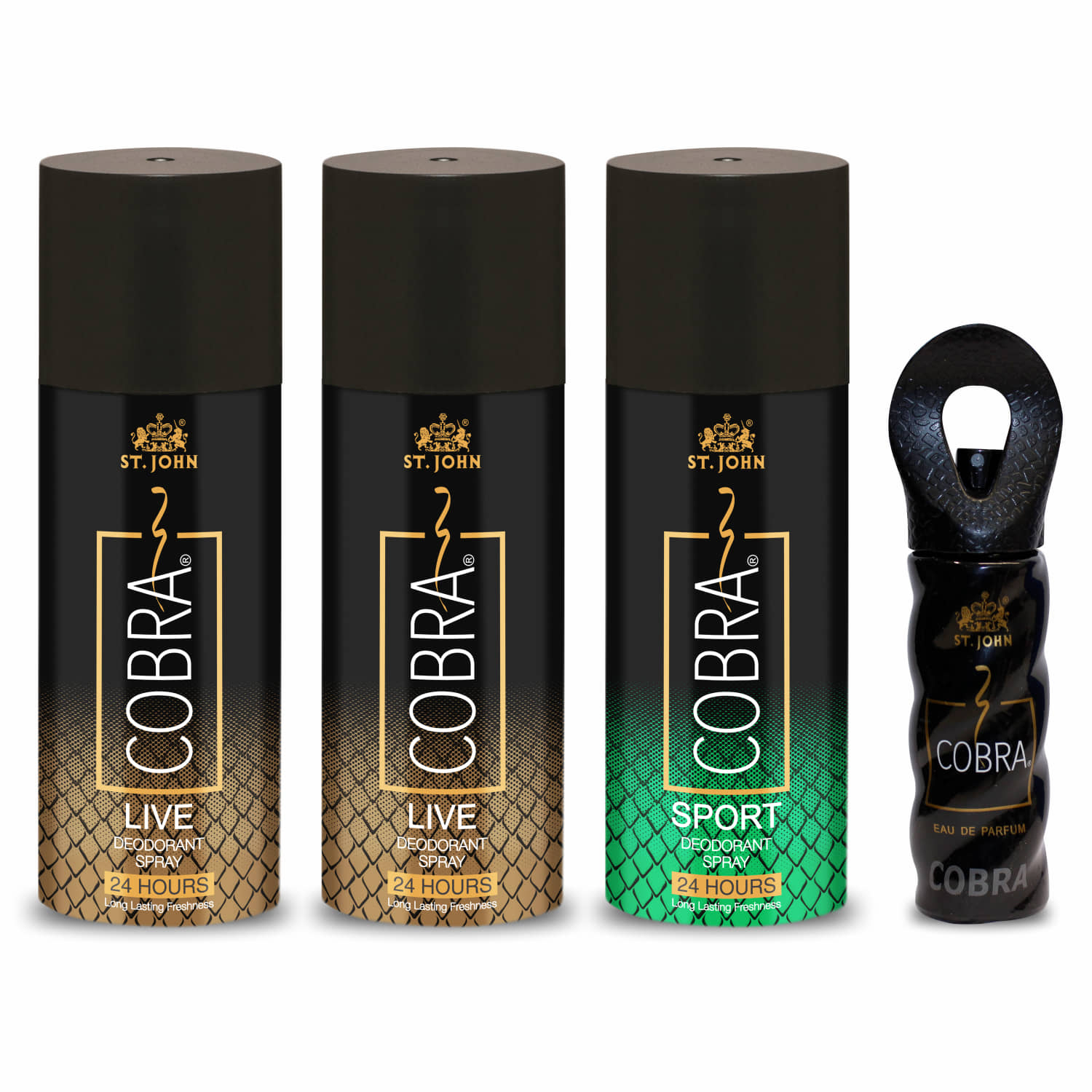 ST.JOHN Cobra Live 150ml*2,Sport 150ml & 15ml Deodorant Spray & Perfume for Men (465ml) Pack of 4