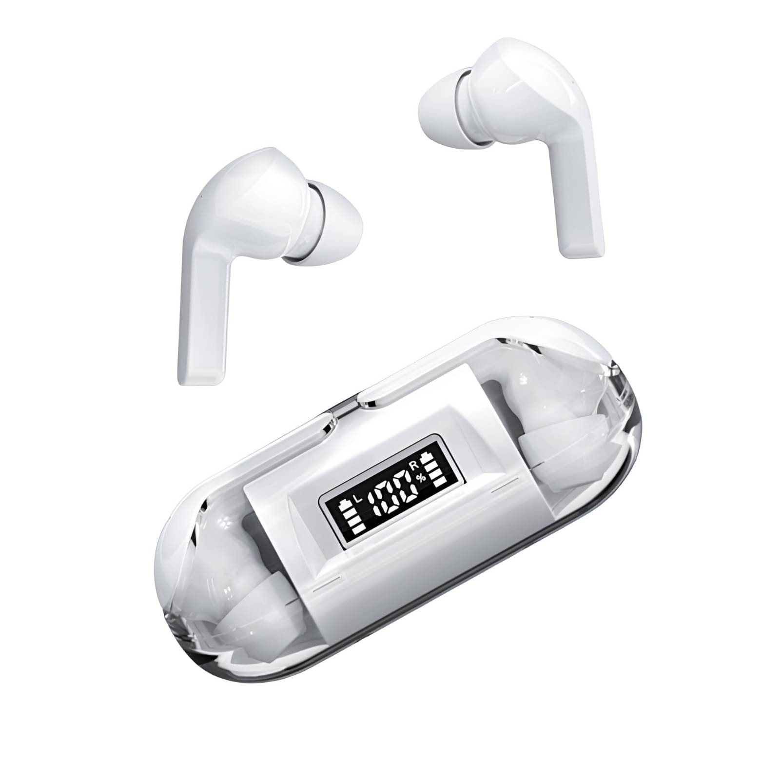     			VEhop Transparent PRO Bluetooth True Wireless (TWS) In Ear 30 Hours Playback Fast charging,Powerfull bass IPX4(Splash & Sweat Proof) White