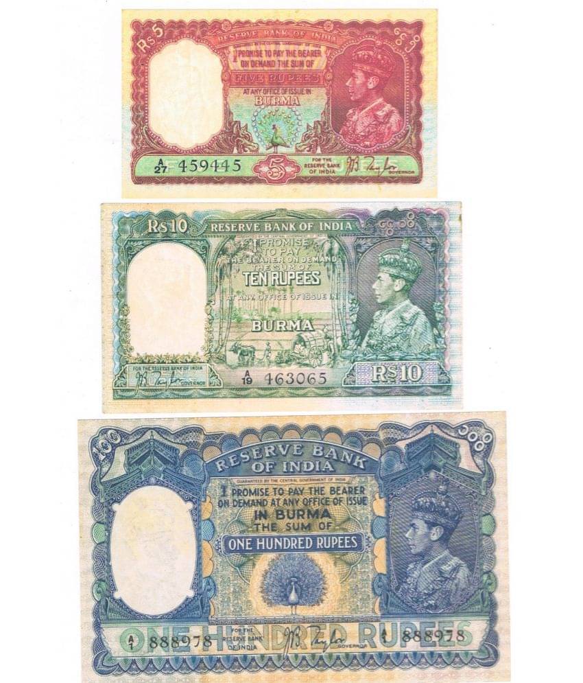 currency bazaar -Combo of 3 British India King George VI 5,10 & 100 Rupees JB Taylor Burma Issue Fancy Note only for Collection currency bazaar -Combo of 3 British India King George VI 5,10 & 100 Rupees JB Taylor Burma Issue Fancy Note only for Collection