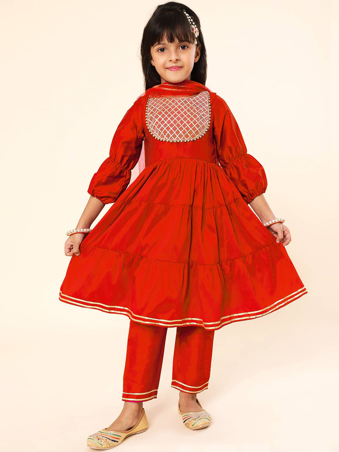     			A.T.U.N. Girls Polyester Kurta and Pant Set ( Pack of 1 , Red )
