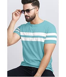 AUSK Men Cotton Blend Regular Fit Striped T-Shirt ( Light Blue )