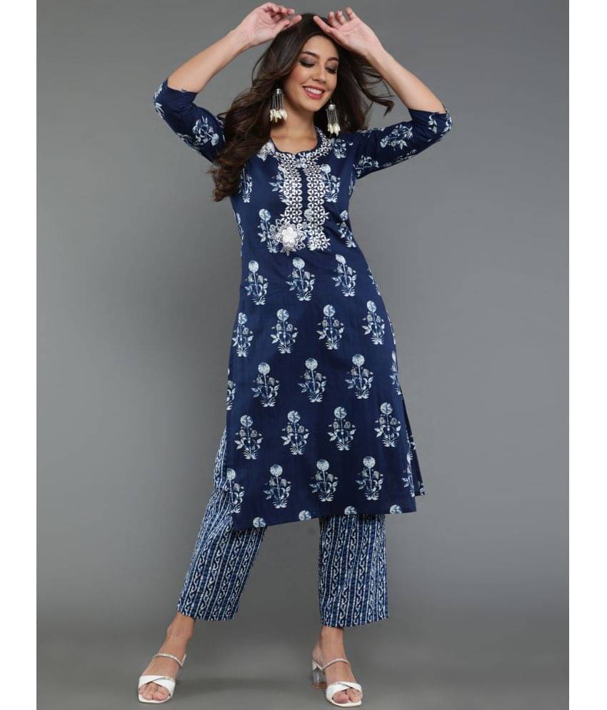     			Antaran Cotton Blend Printed Kurti With Pants Women's Stitched Salwar Suit - Blue ( Pack of 1 )