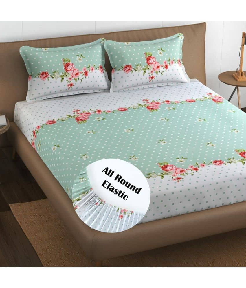 Decent Home Cotton Floral 1 Bedsheet with 2 Pillow Covers - Green
