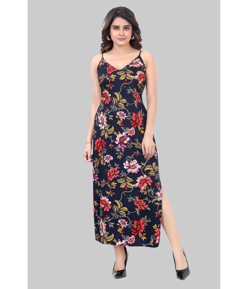 JVNINE Women Rayon Printed Side Slit Dress ( Navy Blue )     			JVNINE Women Rayon Printed Side Slit Dress ( Navy Blue )
