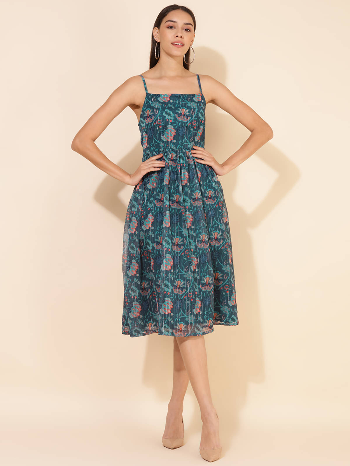 Janasya Women Chiffon Printed Fit & Flare Dress ( Blue ) Janasya Women Chiffon Printed Fit & Flare Dress ( Blue )