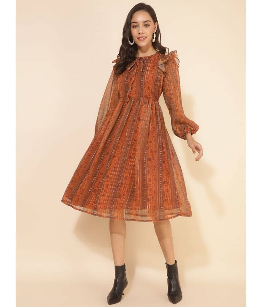 Janasya Women Chiffon Printed Fit & Flare Dress ( Rust ) Janasya Women Chiffon Printed Fit & Flare Dress ( Rust )