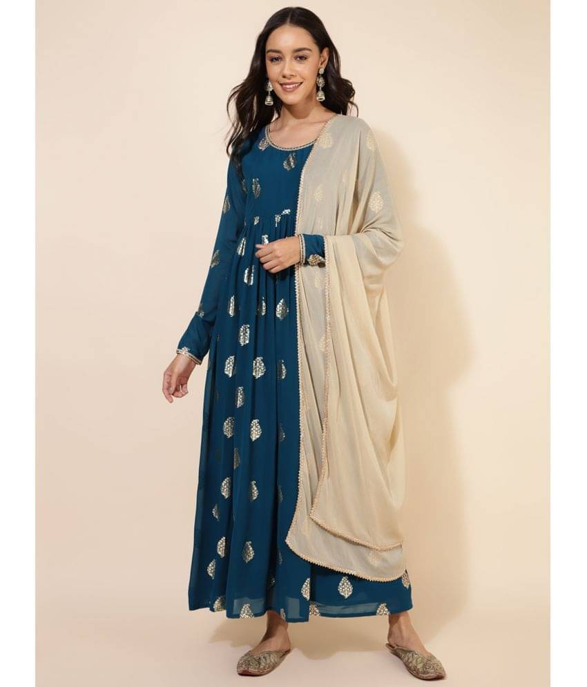 Janasya Georgette Printed Flared Women's Kurti - Teal ( Pack of 1 ) Janasya Georgette Printed Flared Women's Kurti - Teal ( Pack of 1 )
