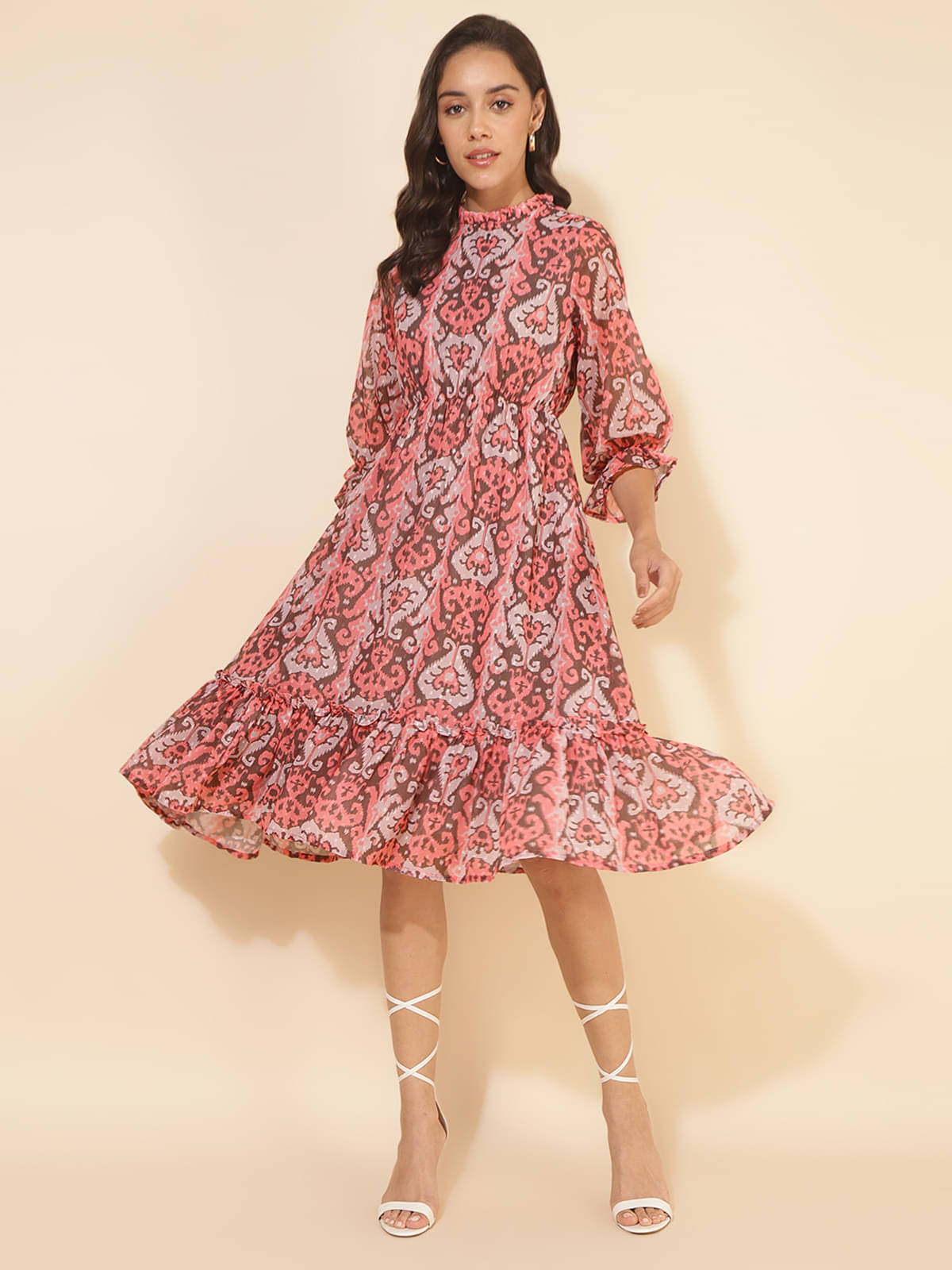 Janasya Women Georgette Printed Fit & Flare Dress ( Peach ) Janasya Women Georgette Printed Fit & Flare Dress ( Peach )