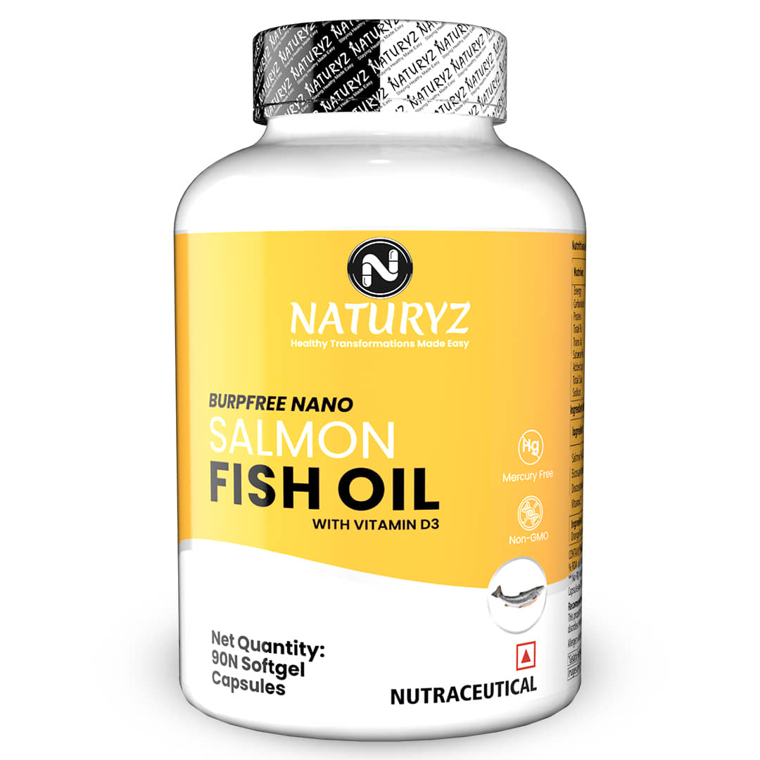 NATURYZ BURPFREE SALMON Fish Oil 2000 Mg with Vitamin D3 for Skin, Eyes, Heart & Brain - 90 Softgels