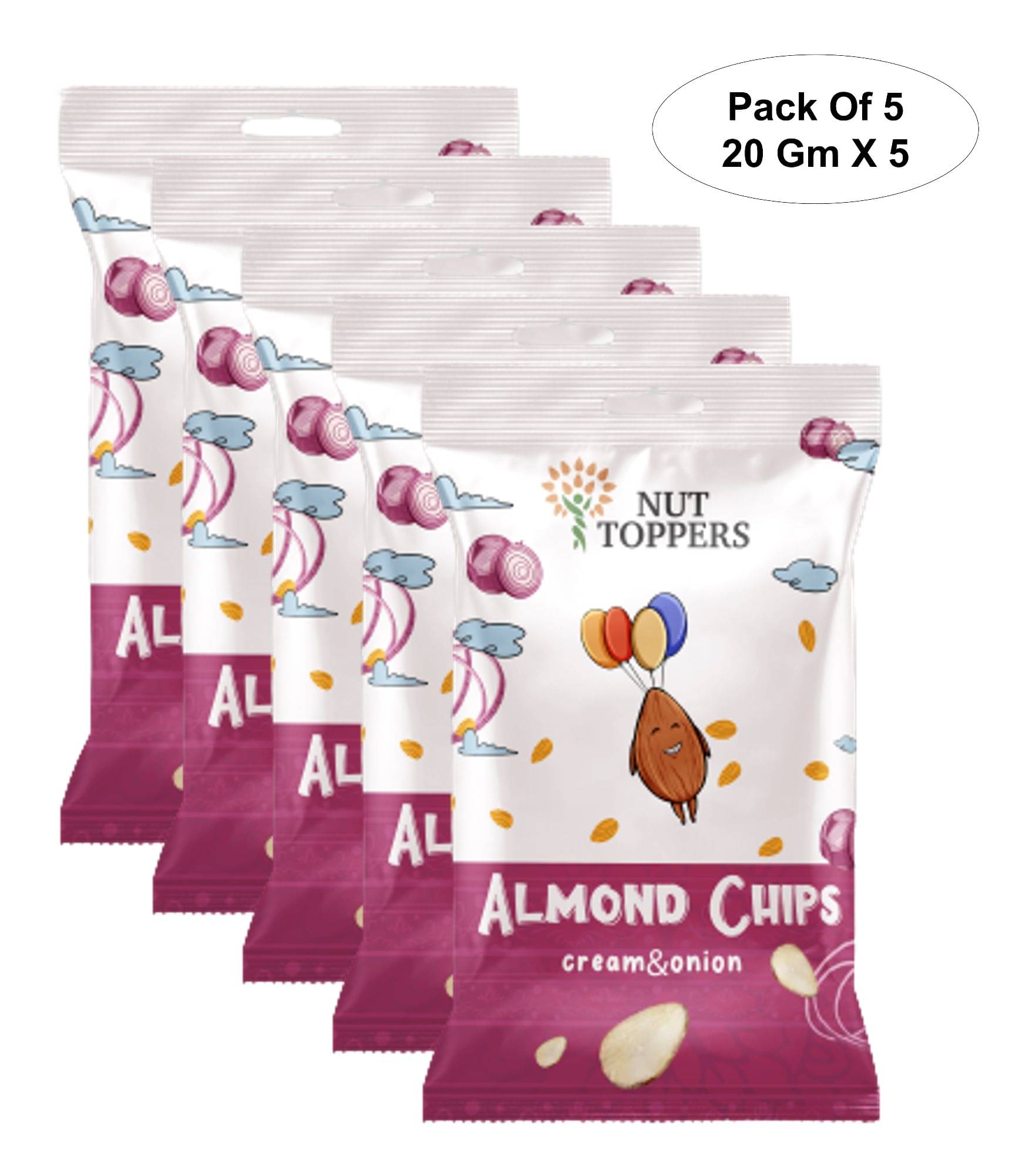     			Nut Toppers Almond Chips- Cream & Onion flavour-100g( 20g X 5 ), oven roasted ,not fried, roasted almond chips, no preservatives, Almond-Based Spicy Crunchy Chips Perfect for Snacking.