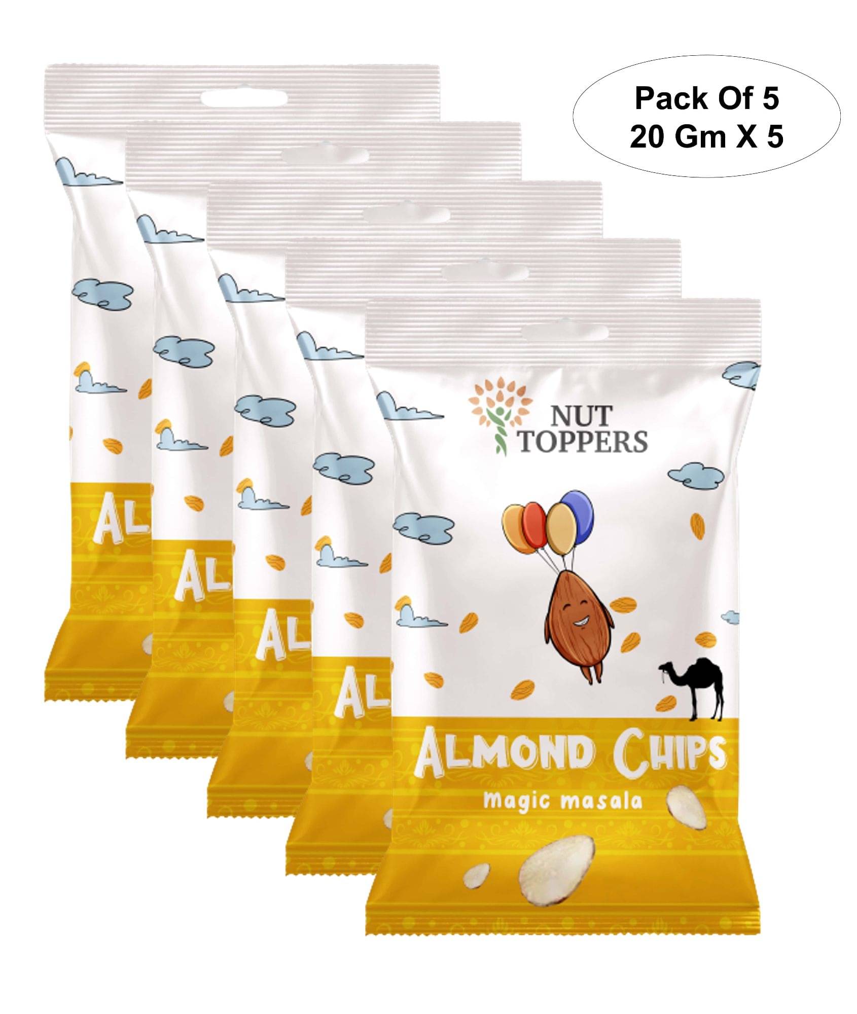     			Nut Toppers Almond Chips- Magic masala flavour-100g (20g X 5), Almond-Based Spicy Crunchy Chips Perfect for Snacking,not fried, roasted almond chips, no preservatives.