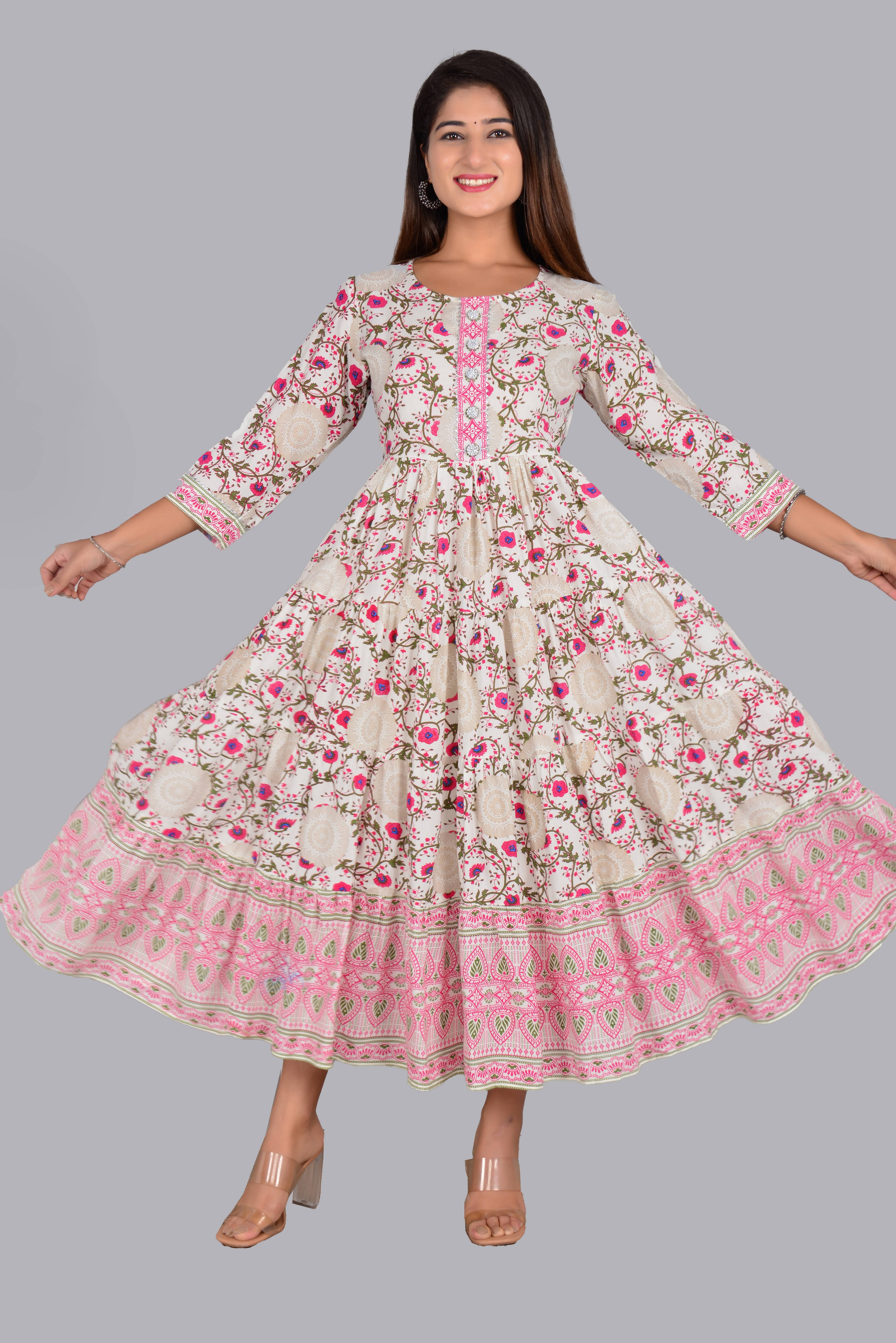    			Smien Rayon Printed Anarkali Women's Kurti - Pink ( Pack of 1 )