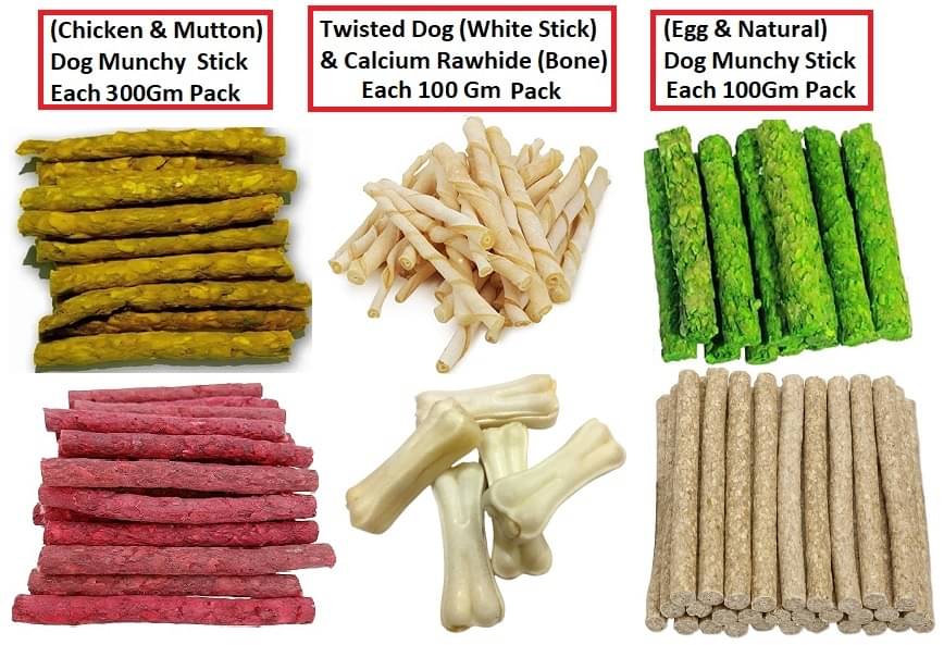     			The Treat Home Dog (Chicken & Mutton) Munchy (600Gm), (Egg & Natural) Munchy (200Gm), White stick & Bone (200Gm) Pack
