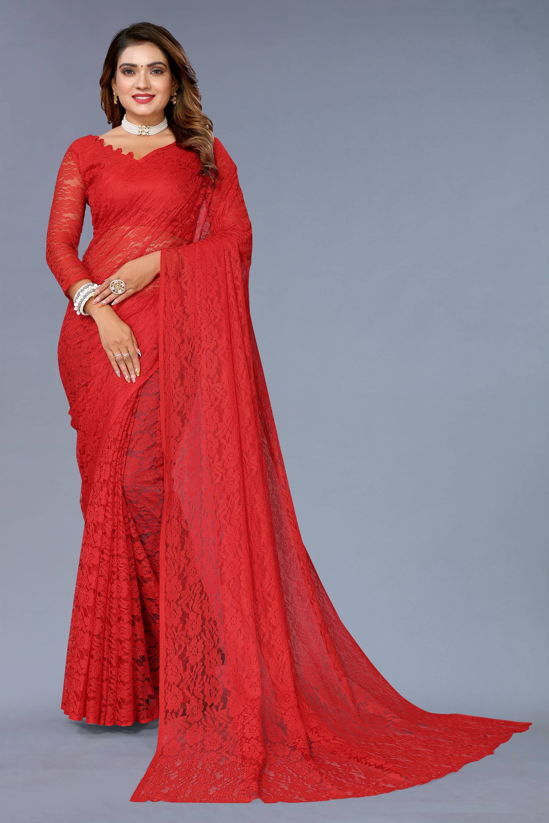 VANRAJ CREATION Net Self Design Saree With Unstitched Blouse Piece ( Red ) VANRAJ CREATION Net Self Design Saree With Unstitched Blouse Piece ( Red )