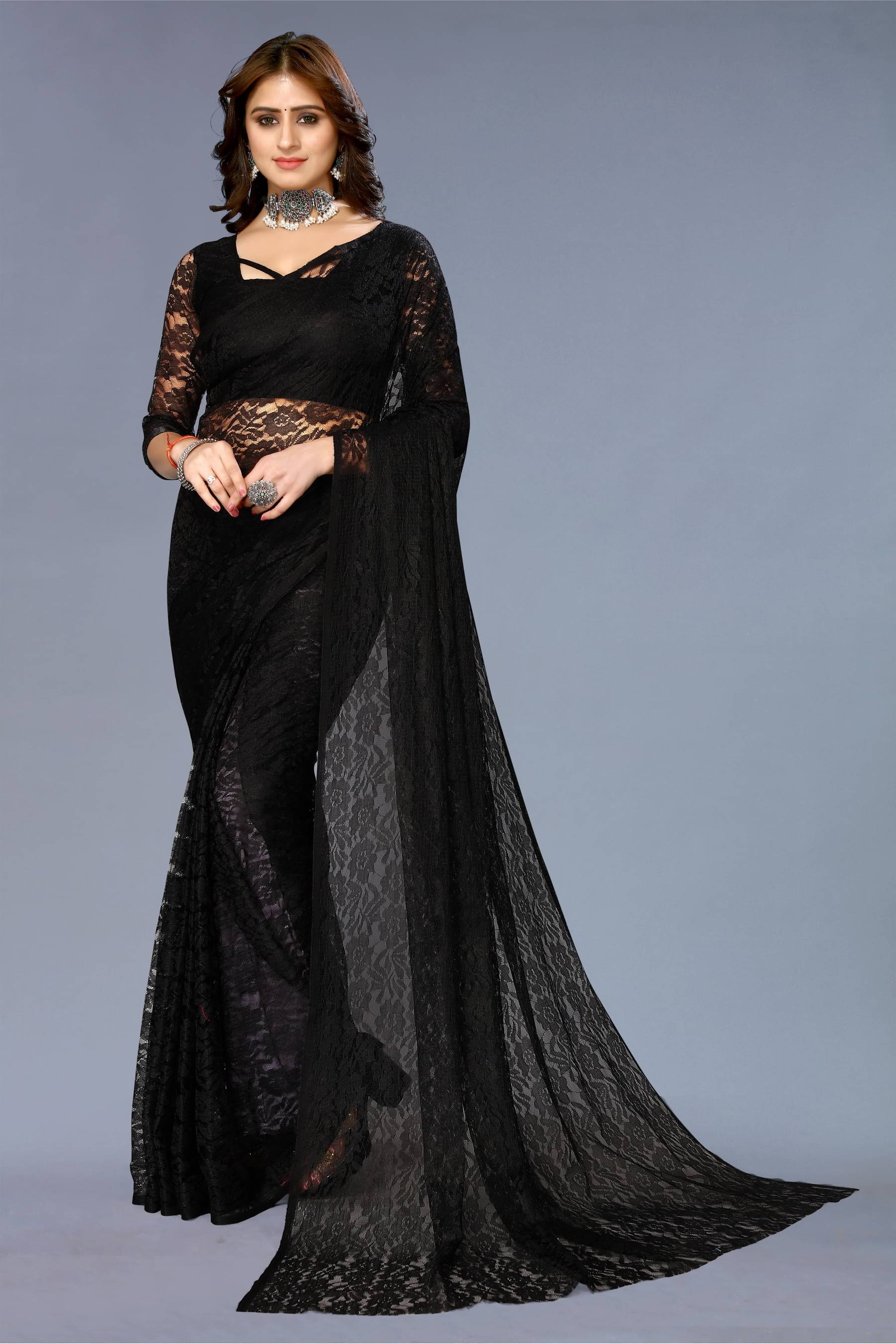 VANRAJ CREATION Net Self Design Saree With Unstitched Blouse Piece ( Black ) VANRAJ CREATION Net Self Design Saree With Unstitched Blouse Piece ( Black )