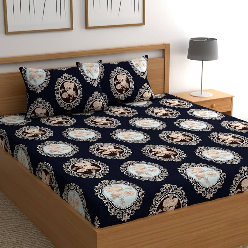 chhavi india Poly Cotton Double Bedsheet ( Navy )