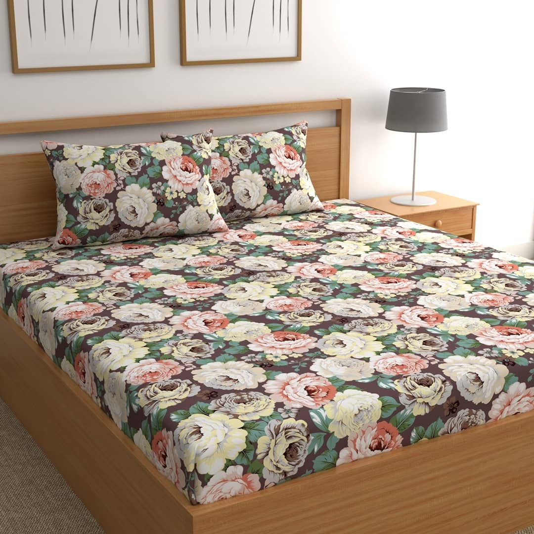 chhavi india Poly Cotton Floral Double Bedsheet with 2 Pillow Covers - Brown