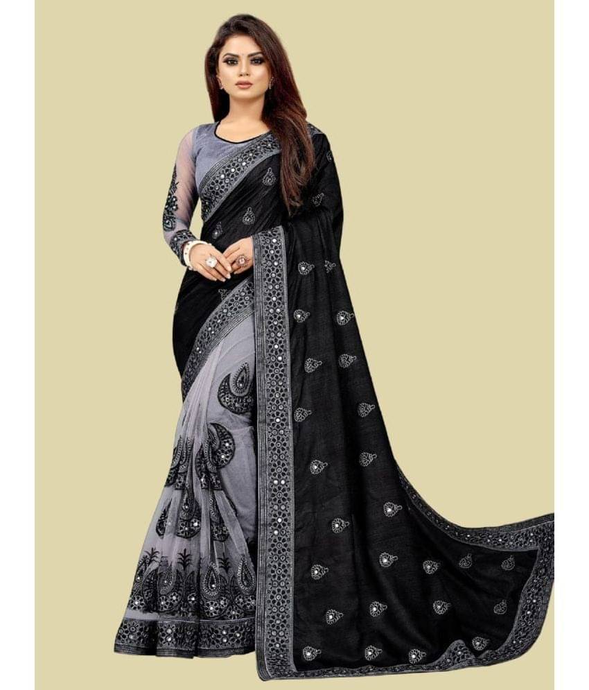 Aika Silk Blend Embellished Saree With Unstitched Blouse Piece ( Black ) Aika Silk Blend Embellished Saree With Unstitched Blouse Piece ( Black )