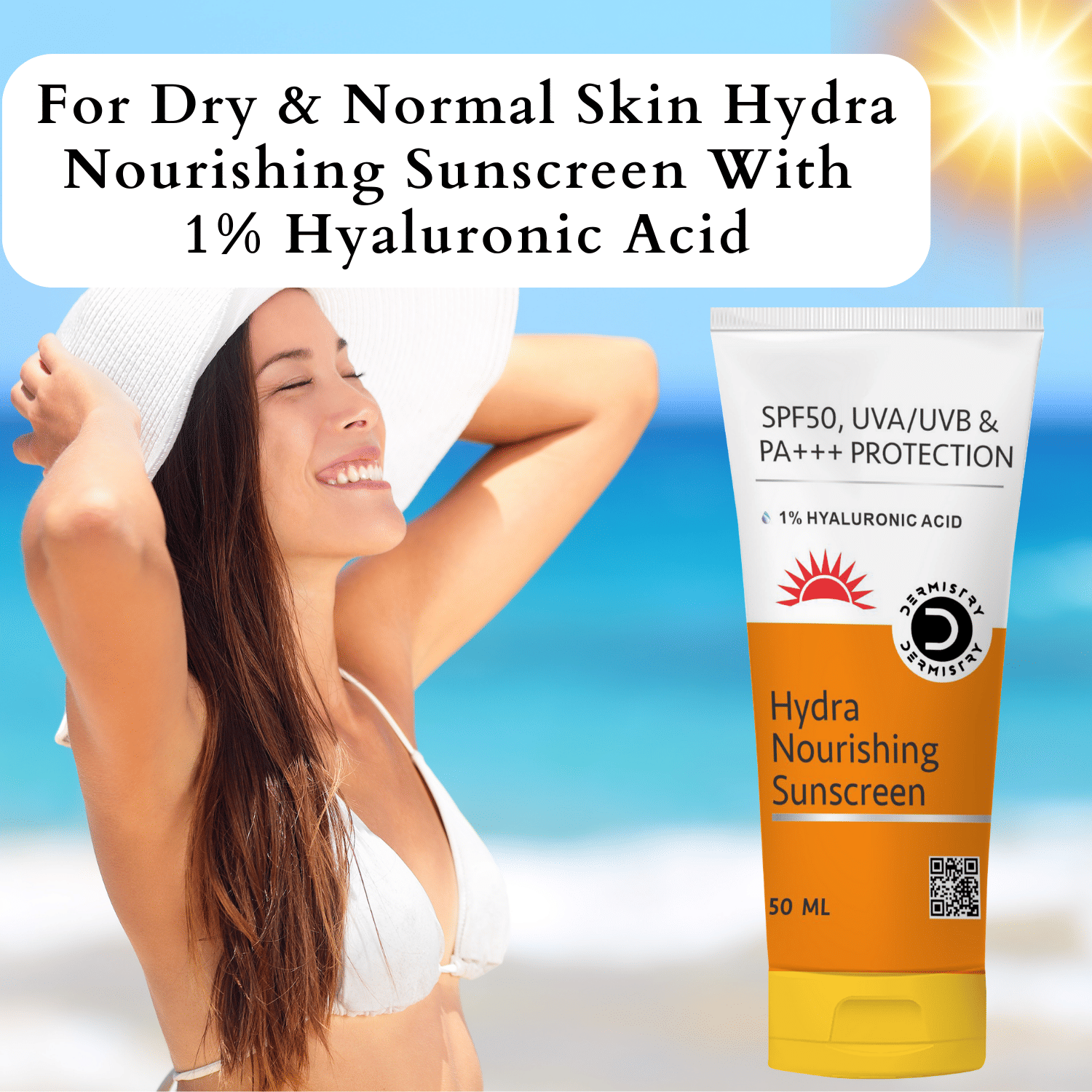 Dermistry 1% Hyaluronic Acid Hydra Nourishing Anti-Pollution Sunscreen Aqua Gel for Dry Skin SPF 50 UVA UVB PA+++ Sun Protection-50ml