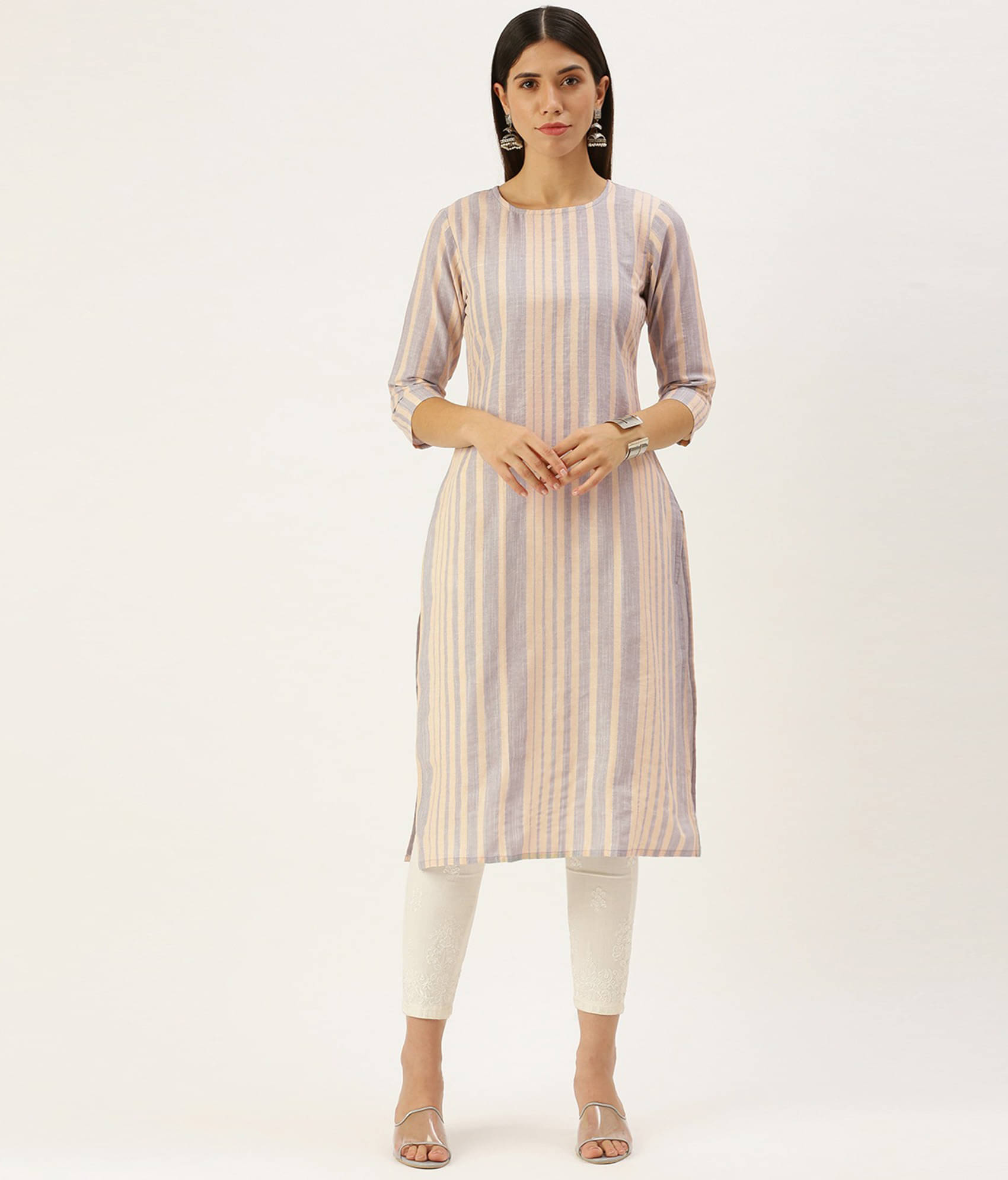 Hritika Cotton Blend Striped Straight Women's Kurti - Grey ( Pack of 1 ) Hritika Cotton Blend Striped Straight Women's Kurti - Grey ( Pack of 1 )