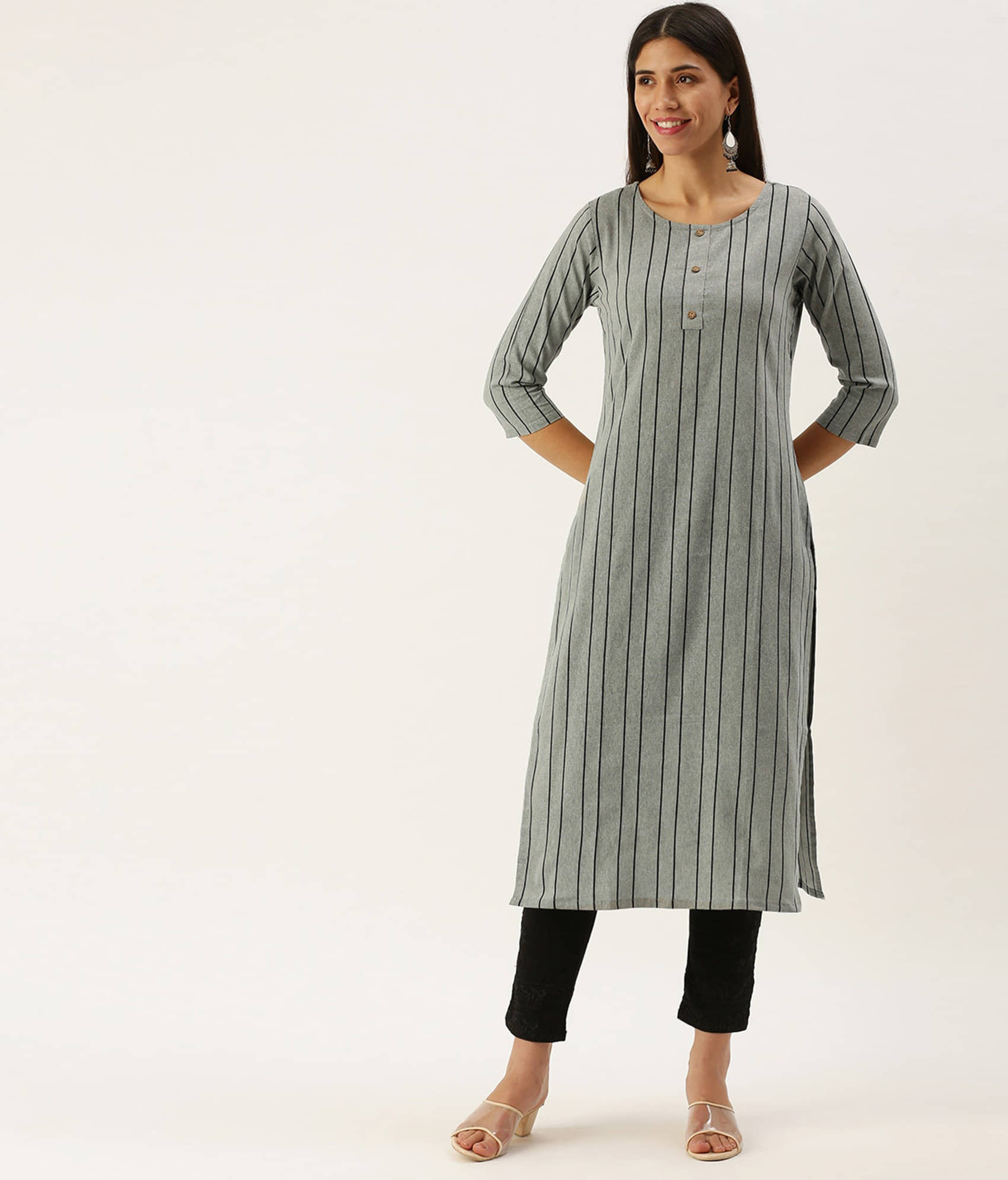 Hritika Cotton Blend Striped Straight Women's Kurti - Grey ( Pack of 1 ) - Kurtis, Tunics | Buy online on ZillyBuy