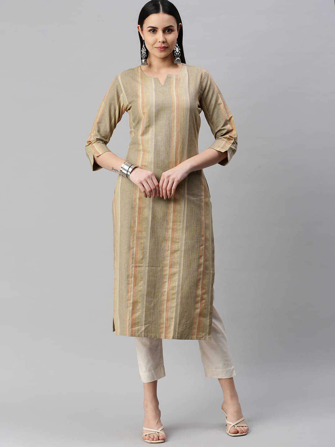 Hritika Cotton Blend Striped Straight Women's Kurti - Beige ( Pack of 1 ) Hritika Cotton Blend Striped Straight Women's Kurti - Beige ( Pack of 1 )