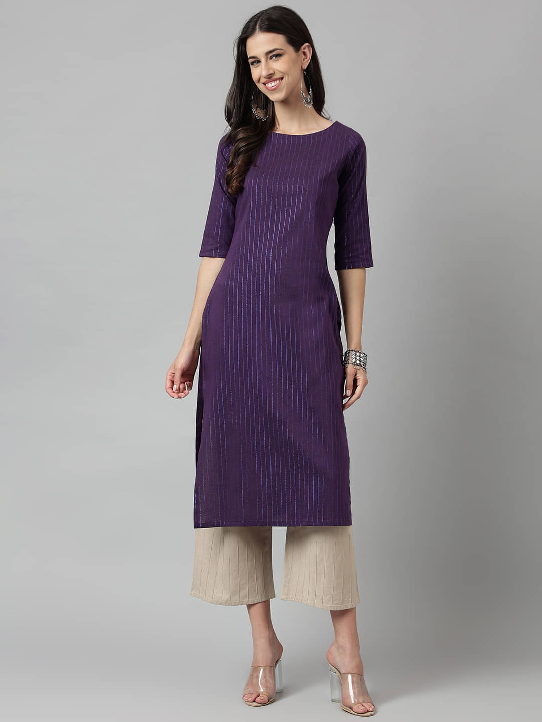 Hritika Cotton Blend Striped Straight Women's Kurti - Purple ( Pack of 1 )     			Hritika Cotton Blend Striped Straight Women's Kurti - Purple ( Pack of 1 )